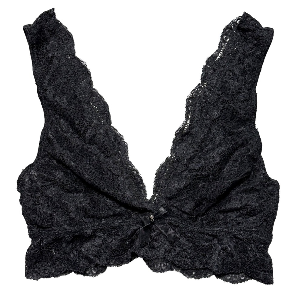 Adore Me‎ Black Floral Lace Bralette V-Neck Mesh Lined Bow Detail Small